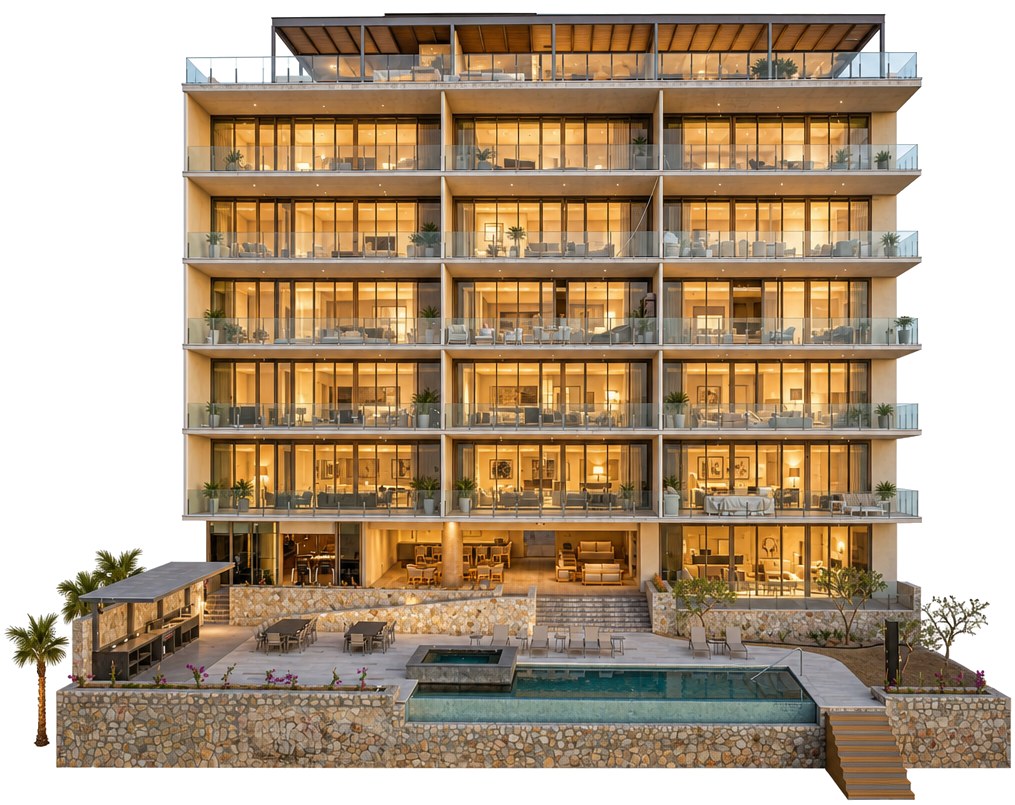 The EMMA building on the beach in San José del Cabo, with its pool and rooftop bar