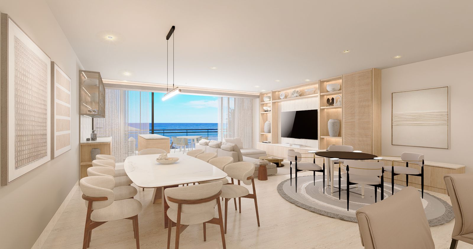 Living and dining room, furnished rendering