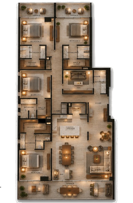 Condo layout of an EMMA residence with bedrooms, den, kitchen, living room and terraces